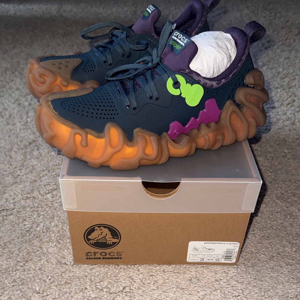 CROCS Teal and Purple Sneakers with Orange Soles